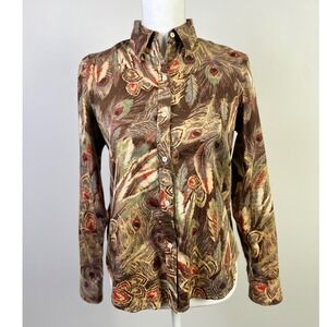 Lauren Ralph Lauren Retro Boho Peacock Feather Print Button Down‎ Shirt Brown PM